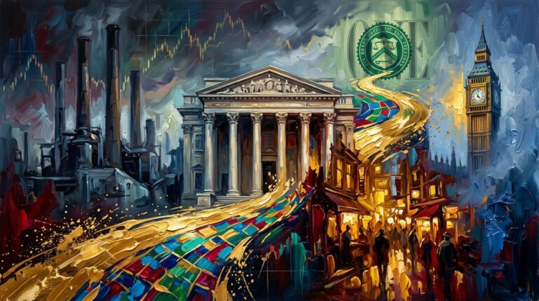 An expressive oil painting collage of European and British central banks facing economic dilemmas amidst shifting global capital.