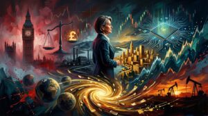 Oil painting collage of a central banker, Big Ben, and glowing charts depicting global financial market tension.