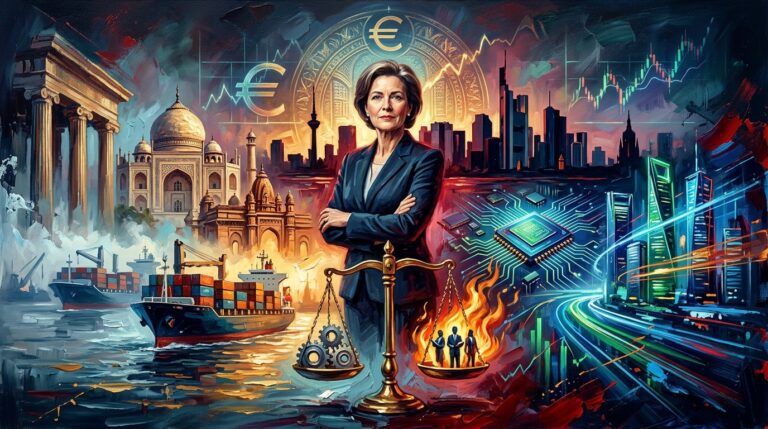 Oil painting collage depicting the ECB rate decision, EU-India trade relations, and Wall Street market trends.