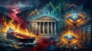Oil painting collage of a central bank, oil tanker on dark seas, glowing AI chips, and stock charts.
