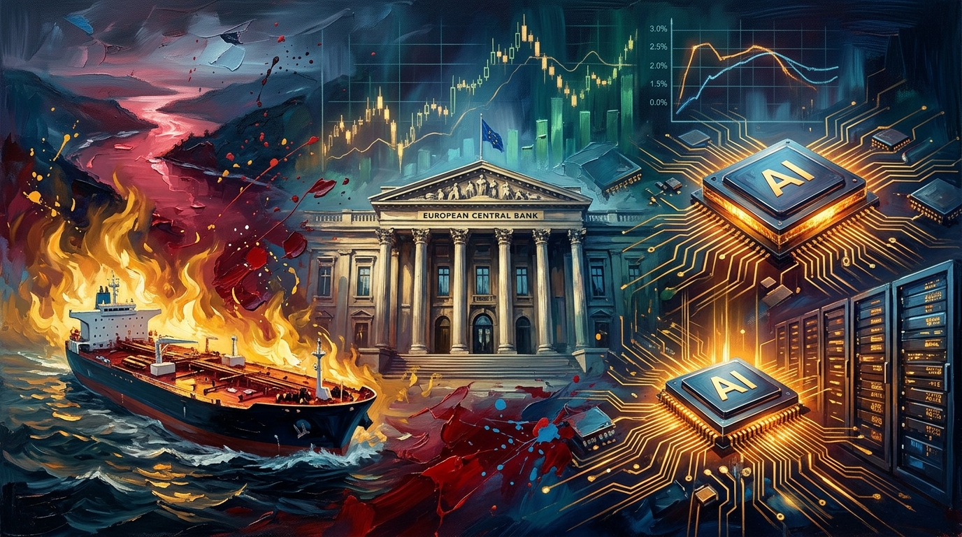Oil painting collage of a central bank, oil tanker on dark seas, glowing AI chips, and stock charts.