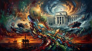 Expressive oil painting collage of microchips, central banks, cargo ships, and oil rigs under market charts.