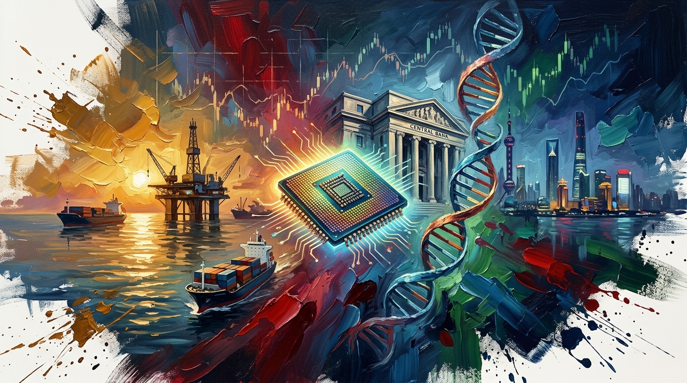 Impasto oil painting collage of global markets, central banks, AI chips, and oil rigs under dynamic light.