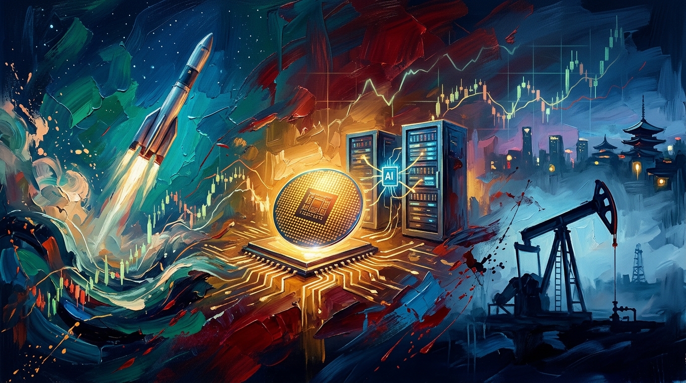 Oil painting collage of glowing AI chips, an ascending rocket, and market charts symbolizing global finance.