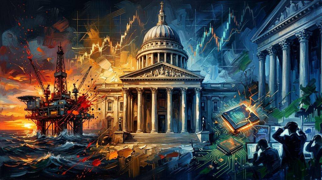 Oil painting collage of blazing oil rigs, falling tech stocks, and central bank architecture amidst market volatility.