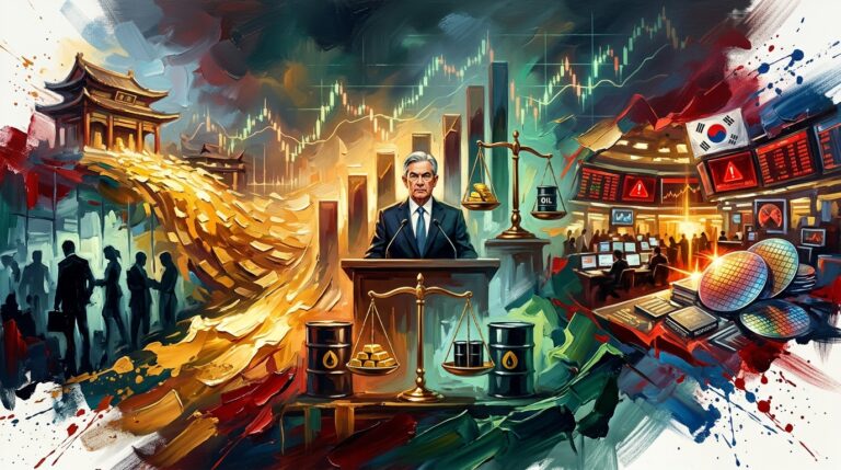 Oil painting collage of global financial markets, US Fed hawkish stance, rising bond yields, and Asian market volatility.
