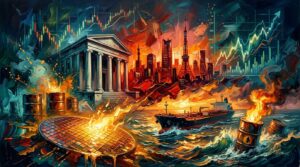 Oil painting collage of an oil tanker, microchip, central bank, and glowing stock charts amidst global economic tension.