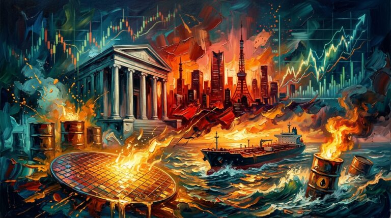 Oil painting collage of an oil tanker, microchip, central bank, and glowing stock charts amidst global economic tension.