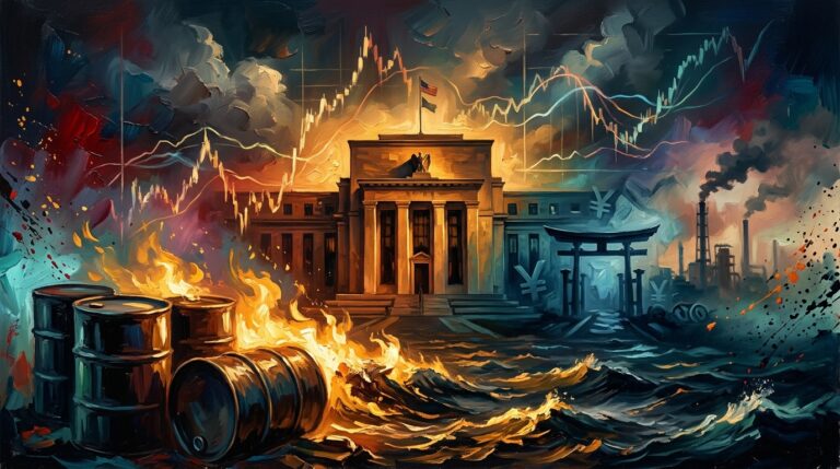 Oil painting of global market volatility with oil barrels, soaring yield charts, and geopolitical light contrasts.