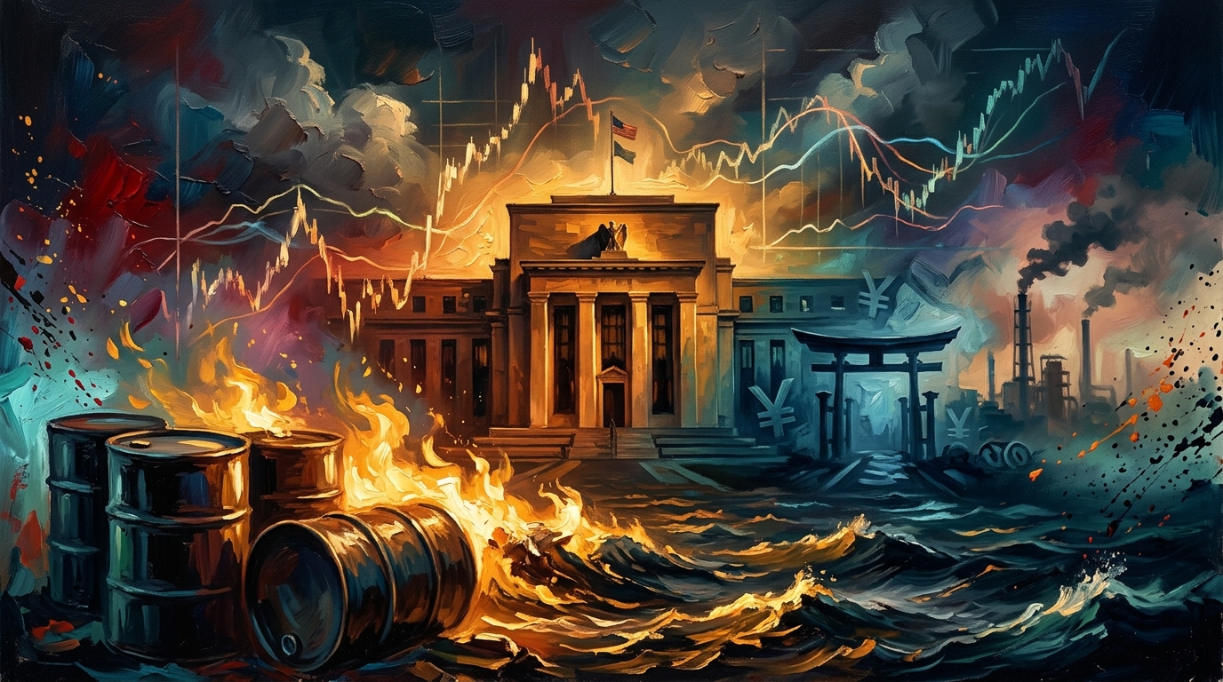 Oil painting of global market volatility with oil barrels, soaring yield charts, and geopolitical light contrasts.