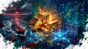 Oil painting collage of glowing gold bars, AI server chips, and an oil tanker amidst financial chart overlays.