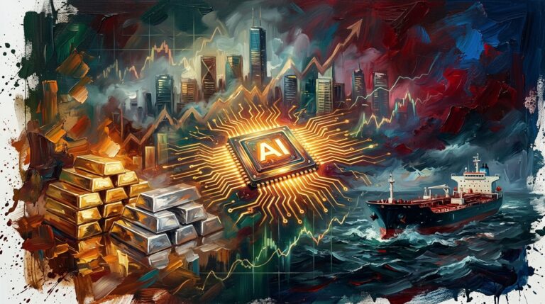 Oil painting collage of an AI microchip, gold bars, and an oil tanker amidst glowing stock market charts.