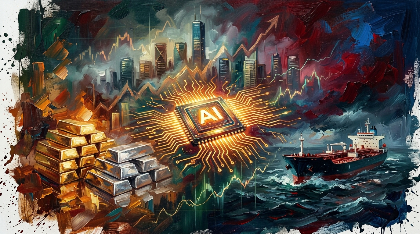 Oil painting collage of an AI microchip, gold bars, and an oil tanker amidst glowing stock market charts.