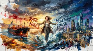 Oil painting of central bank policy divergence, oil tankers navigating strait tensions, and fluctuating stock charts.