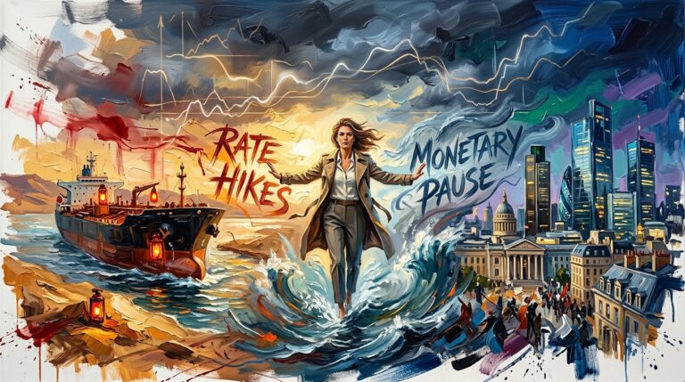 Oil painting of central bank policy divergence, oil tankers navigating strait tensions, and fluctuating stock charts.