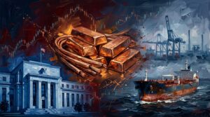 Oil painting collage of glowing copper, oil tankers at sea, and central bank architecture representing global markets.