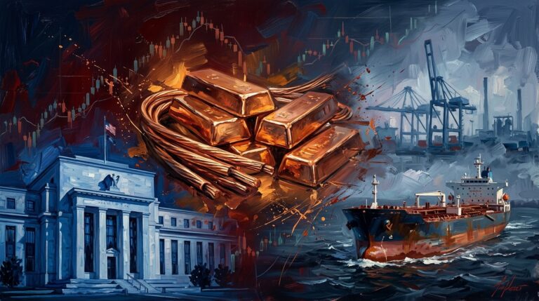 Oil painting collage of glowing copper, oil tankers at sea, and central bank architecture representing global markets.