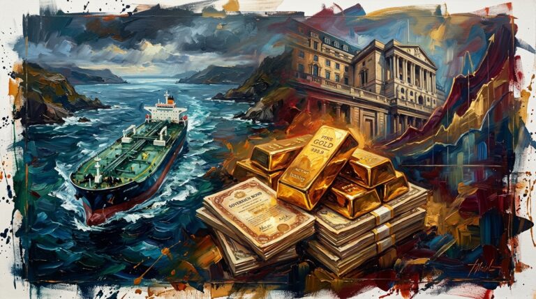 Oil painting collage of gold bars, an oil tanker in stormy seas, and rising bond yield charts amid market tension.