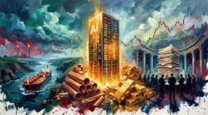 Oil painting of an AI datacenter, gold bars, oil tanker in a strait, and rising bond yield charts.