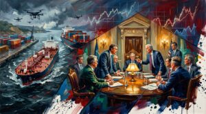 Oil painting collage of central bankers debating interest rates alongside oil tankers navigating stormy geopolitical seas.