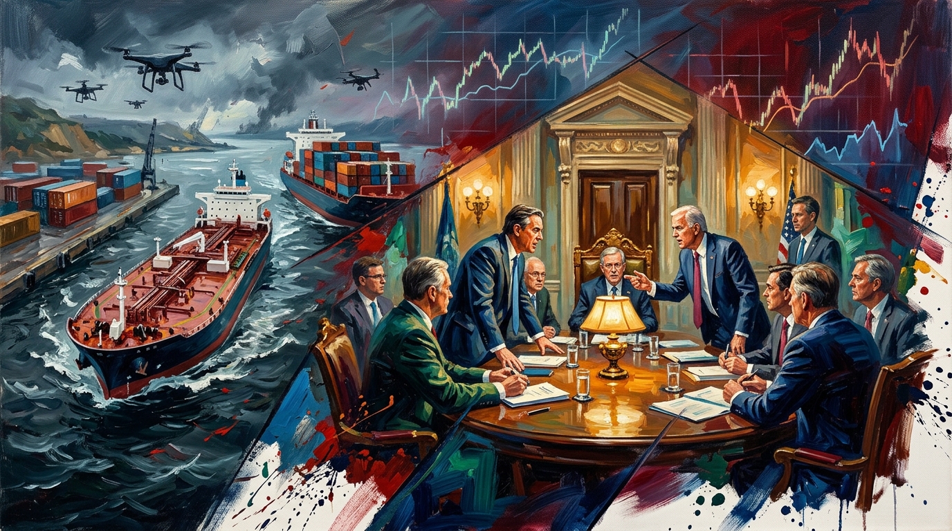 Oil painting collage of central bankers debating interest rates alongside oil tankers navigating stormy geopolitical seas.