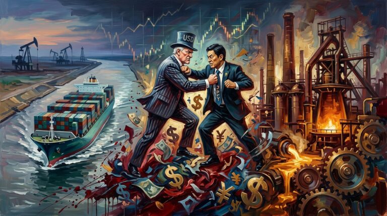 Oil painting collage of US-Japan currency intervention, cargo ship in Suez Canal, and glowing stock market charts.