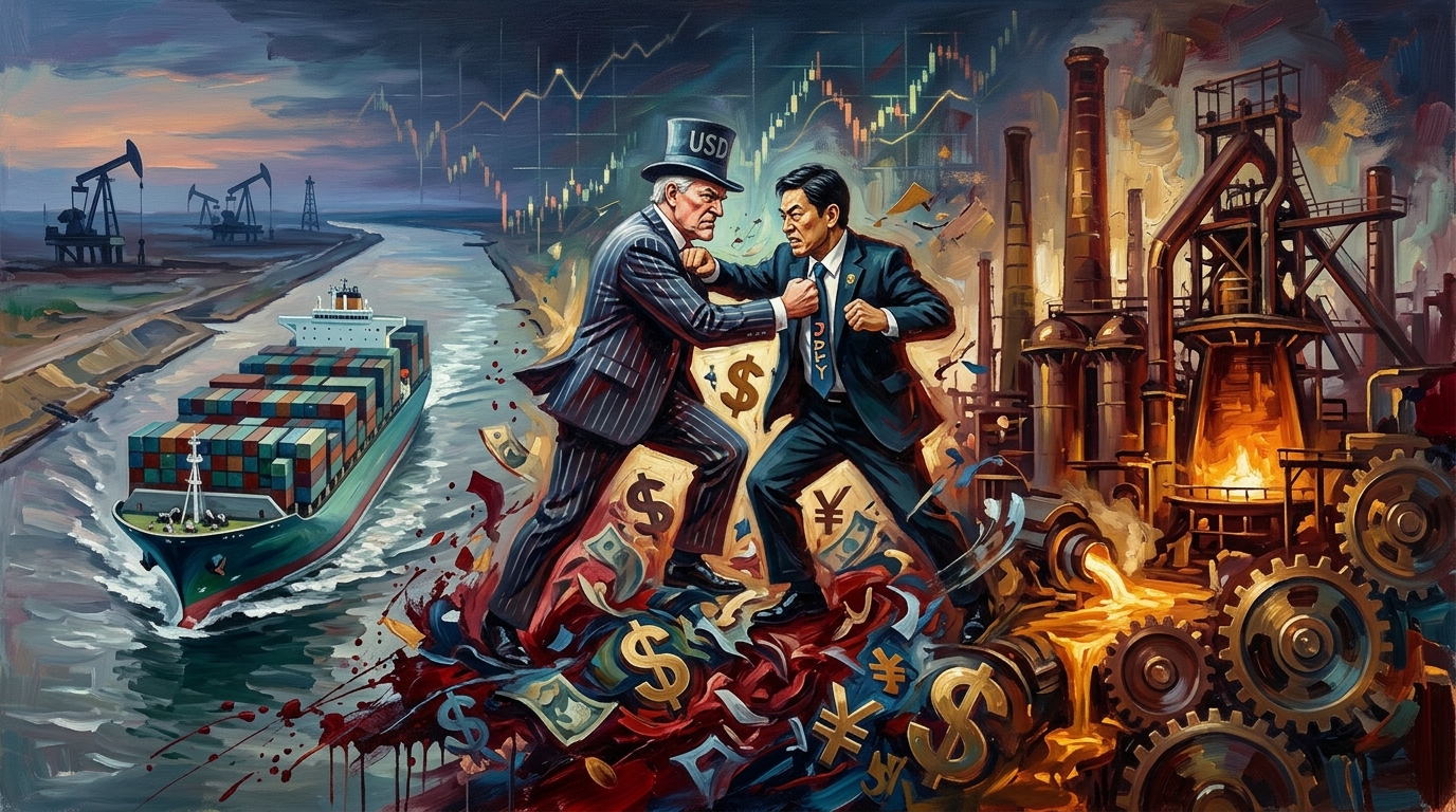 Oil painting collage of US-Japan currency intervention, cargo ship in Suez Canal, and glowing stock market charts.