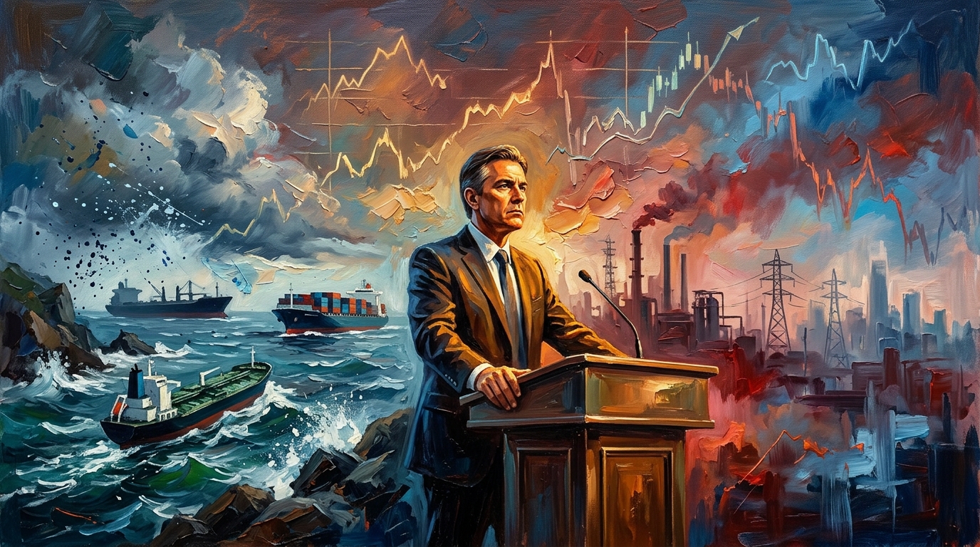 Oil painting collage of a central banker, cargo ships in stormy seas, and glowing market charts amid global tensions.