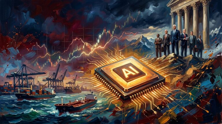 Oil painting collage of rising bond yields, oil tankers, grain shipping halts, and Nvidia AI tech dominance.