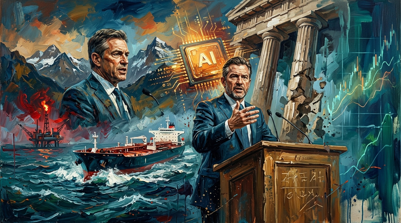 Expressive oil painting depicting Jackson Hole Fed summit, oil tanker tensions, and AI tech market charts.