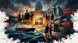 Oil art of global market tensions, surging bond yields, AI tech anticipation, and trade tariffs amid economic friction.