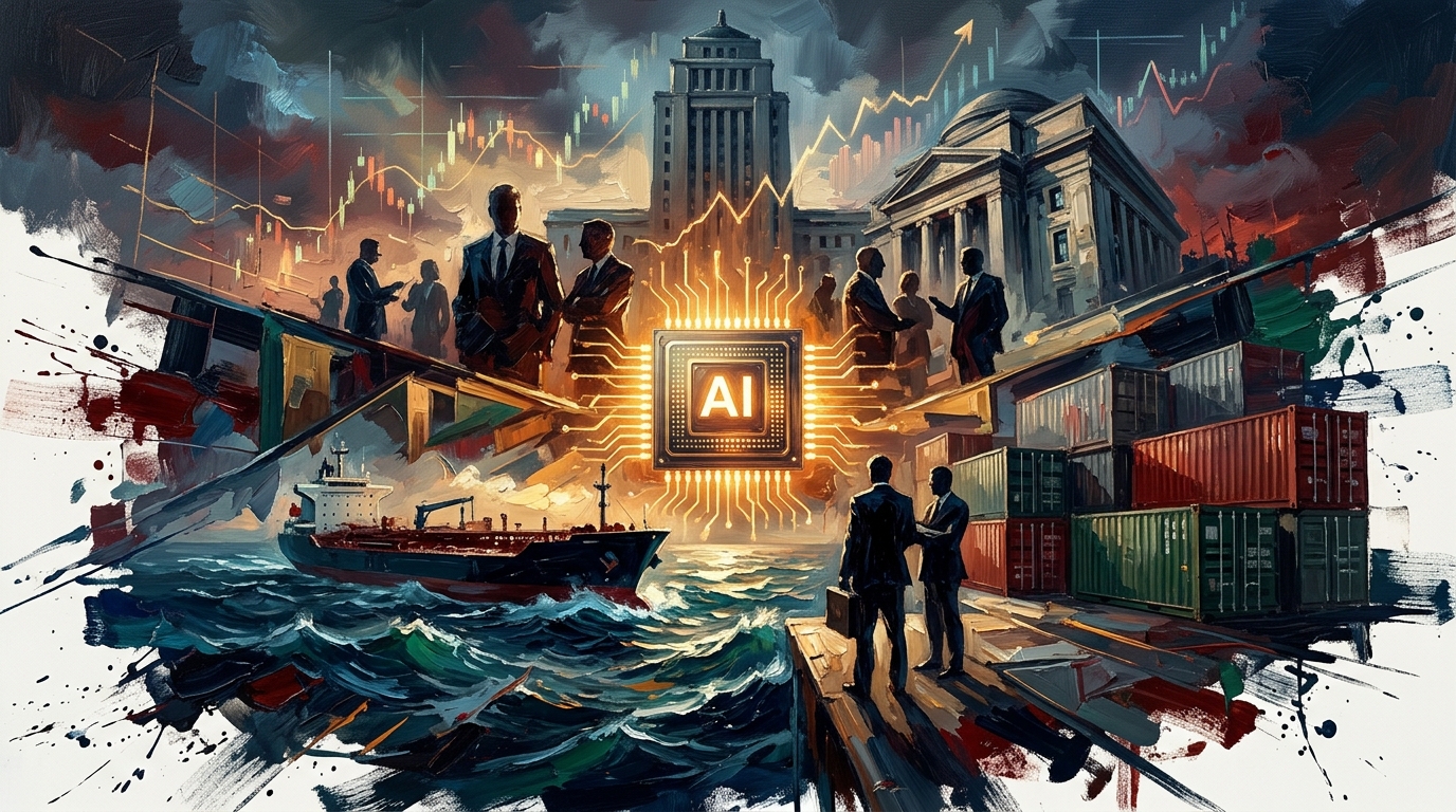 Oil art of global market tensions, surging bond yields, AI tech anticipation, and trade tariffs amid economic friction.