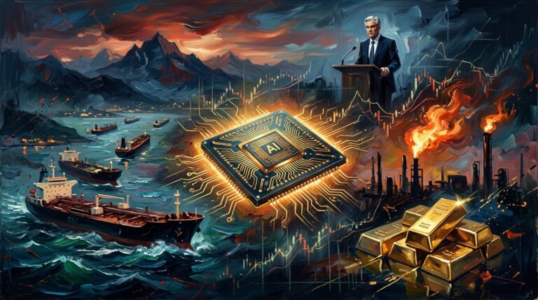 Oil painting collage of an AI chip, oil tankers at sea, alpine peaks, and stock charts amidst market tension.