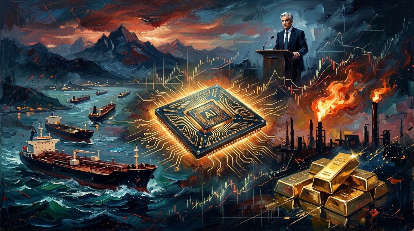 Oil painting collage of an AI chip, oil tankers at sea, alpine peaks, and stock charts amidst market tension.