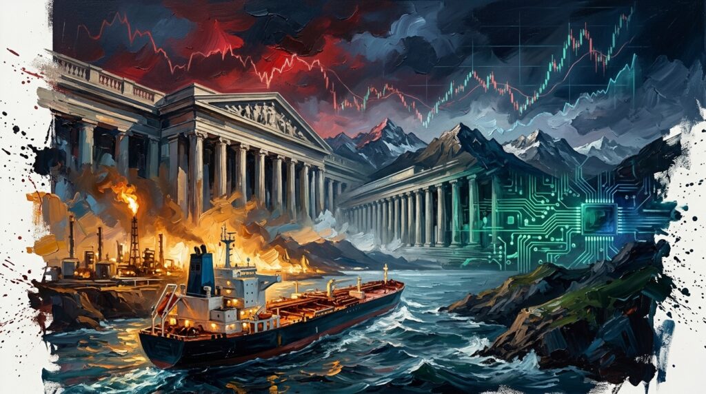 Oil painting collage of an oil tanker, alpine peaks, and surging market charts during global financial tensions.
