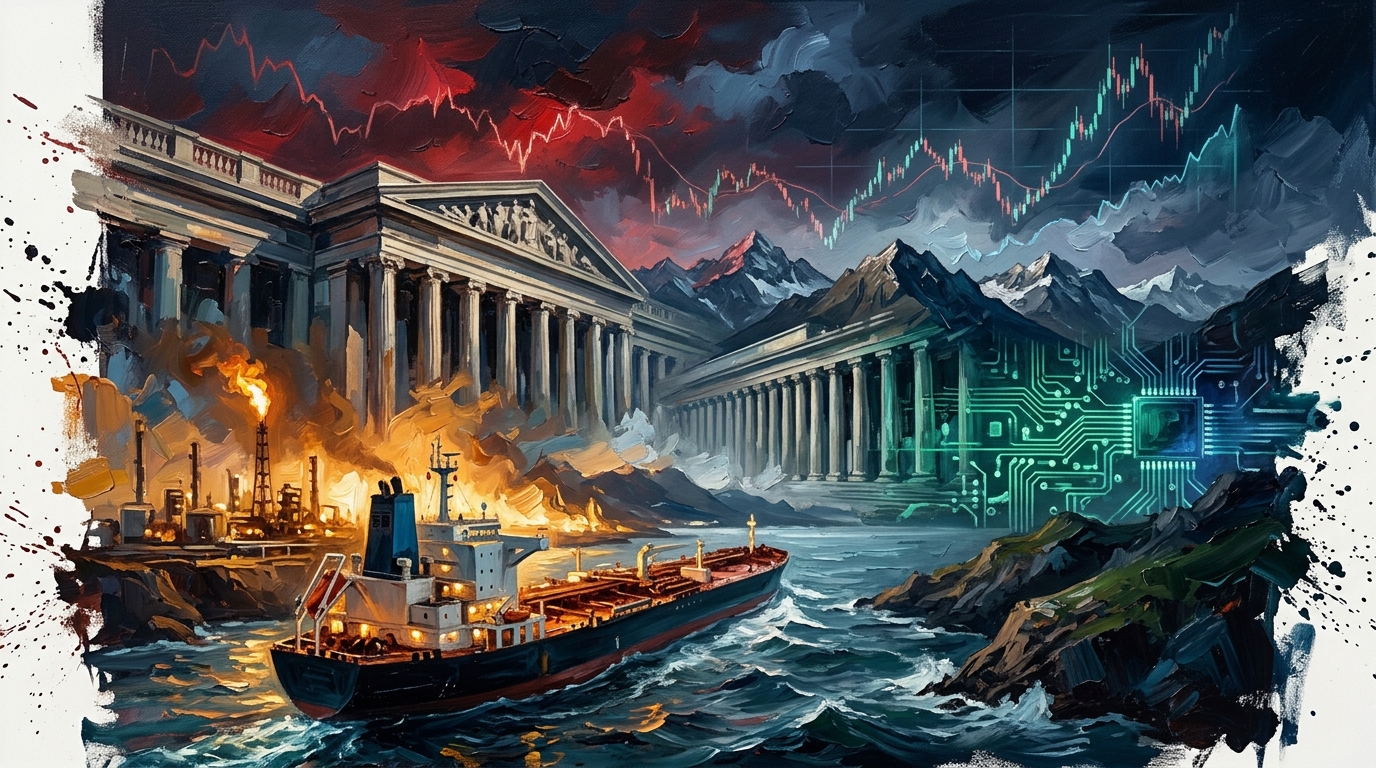 Oil painting collage of an oil tanker, alpine peaks, and surging market charts during global financial tensions.