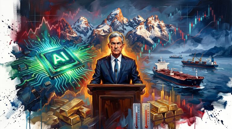 Oil painting of Jackson Hole Fed speech, surging AI microchips, and global trade tankers amid market tension.