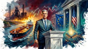 Oil painting of global trade tensions, oil tankers in Hormuz, and central bank policy shifts amidst market volatility.