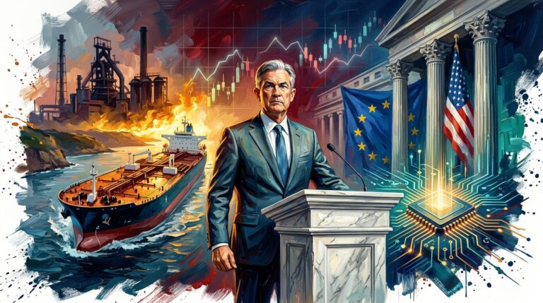 Oil painting of global trade tensions, oil tankers in Hormuz, and central bank policy shifts amidst market volatility.