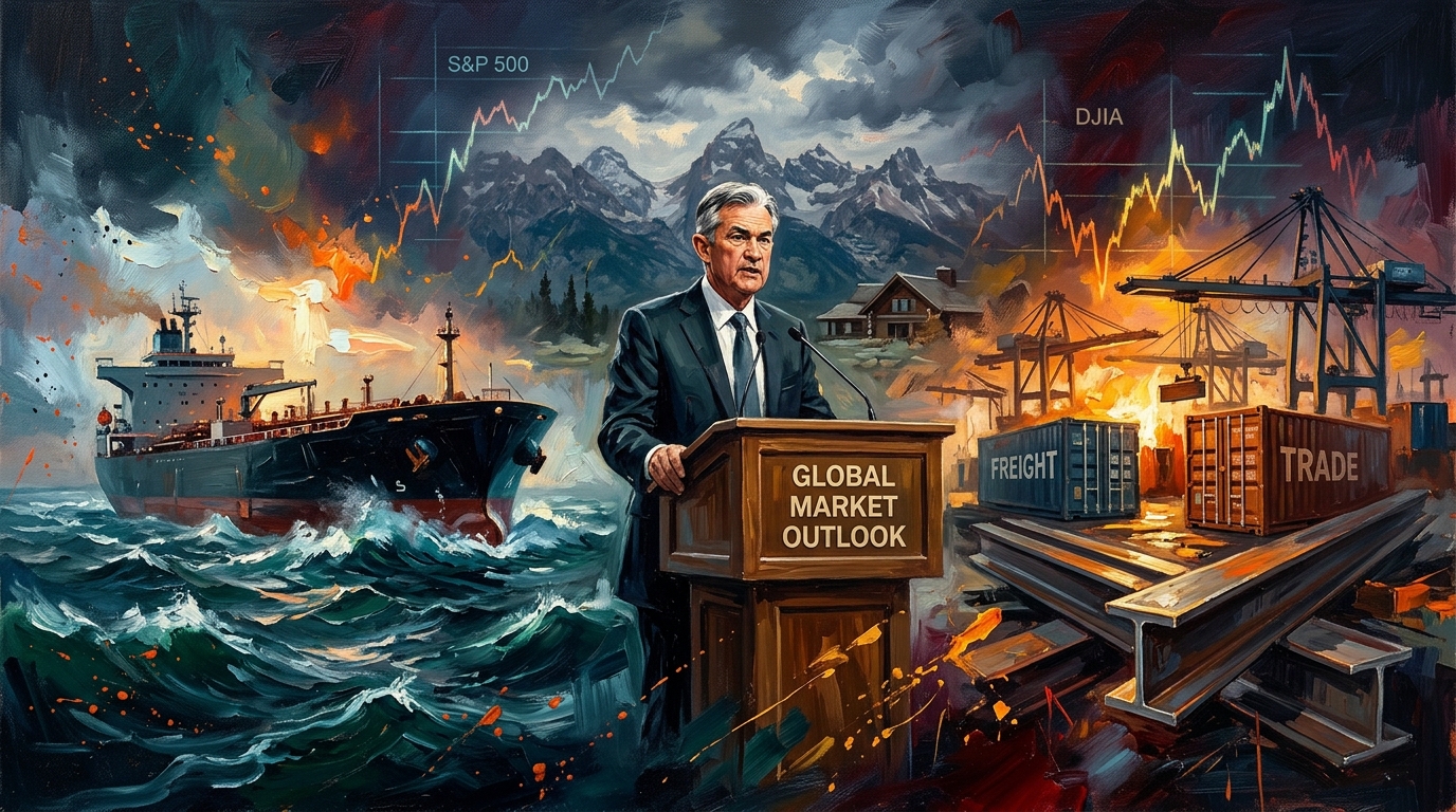 Oil painting collage of a central banker, crude oil tanker, and shipping containers amidst turbulent financial markets.