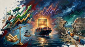 Oil painting collage of a semiconductor chip, cargo ship, and financial market charts in amber and emerald light.