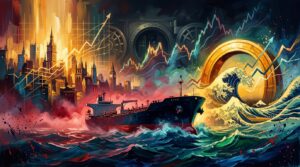 Oil painting collage of an ocean tanker on stormy seas alongside rising stock charts and currency intervention motifs.
