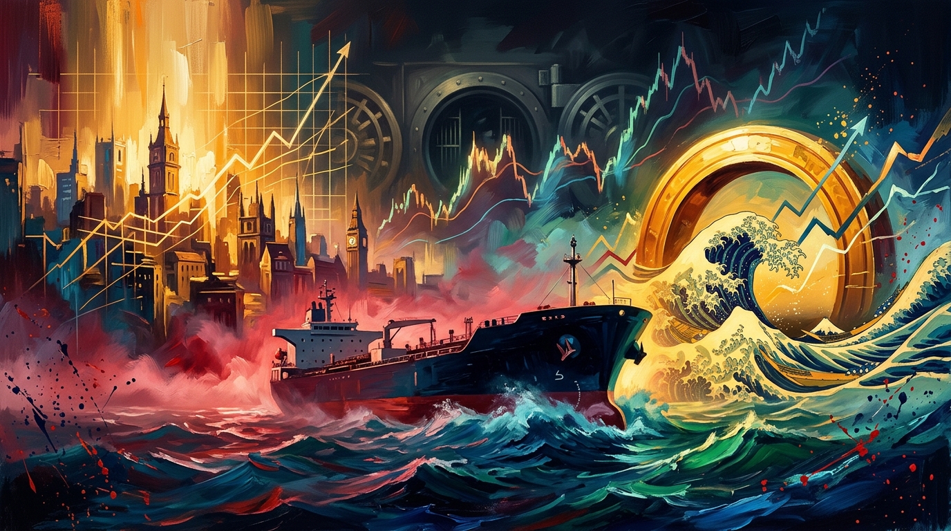 Oil painting collage of an ocean tanker on stormy seas alongside rising stock charts and currency intervention motifs.