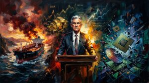 Oil painting collage showing a central banker, an oil tanker in dark waters, and cracked microchips amid stock charts.