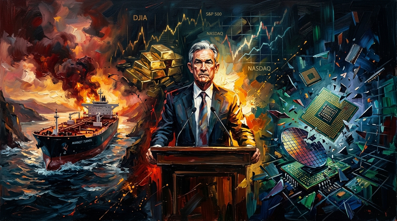 Oil painting collage showing a central banker, an oil tanker in dark waters, and cracked microchips amid stock charts.