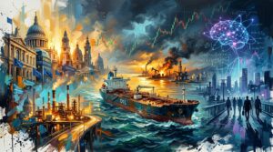 Oil painting collage of an oil tanker, market charts, and industrial symbols depicting global economic shifts.