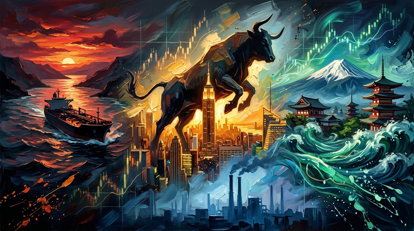 Oil painting collage of soaring stock markets, oil tankers at sea, and Japanese financial symbols amidst light.
