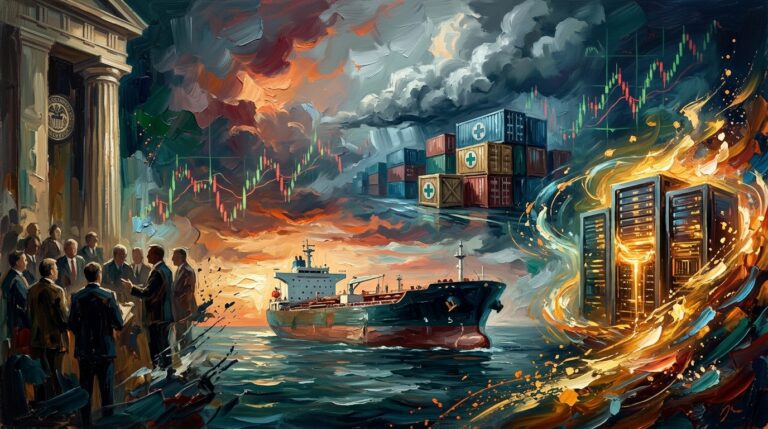 Impressionist art depicting global oil tankers, hawkish central bankers, and glowing AI tech networks.