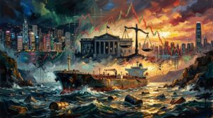 Oil painting collage of an oil tanker at sea with stock market charts and central bank motifs under dramatic lighting.