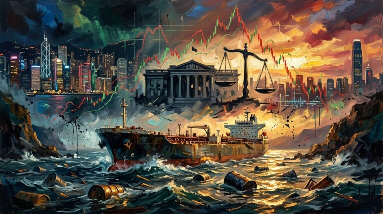 Oil painting collage of an oil tanker at sea with stock market charts and central bank motifs under dramatic lighting.